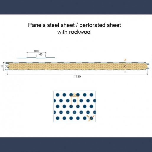 Insulating soundproof panels with steel sheet perforated sheet & rockwool - sketch