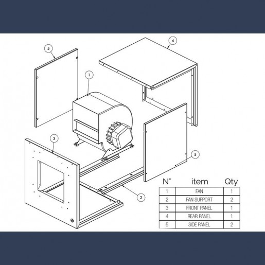 selfsupporting acoustic centrifugal box fan exploded view