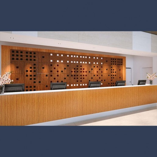 wooden acoustic panels in situ for the acoustic correction of a hotel reception